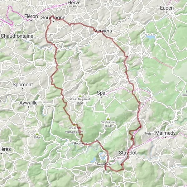 Map miniature of "Soumagne - Léviathan | Laveuse de laines - Francorchamps - Stavelot - Cascade de Coo - Col de la Vecquée - Adzeux - Nessonvaux - Terril du Bas-Bois - Soumagne" cycling inspiration in Prov. Liège, Belgium. Generated by Tarmacs.app cycling route planner