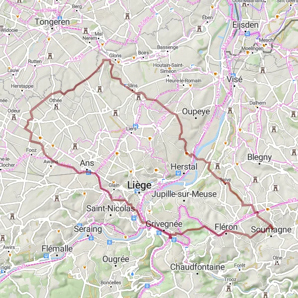 Karten-Miniaturansicht der Radinspiration "Graveltour zu historischen Schätzen und Naturschönheiten" in Prov. Liège, Belgium. Erstellt vom Tarmacs.app-Routenplaner für Radtouren