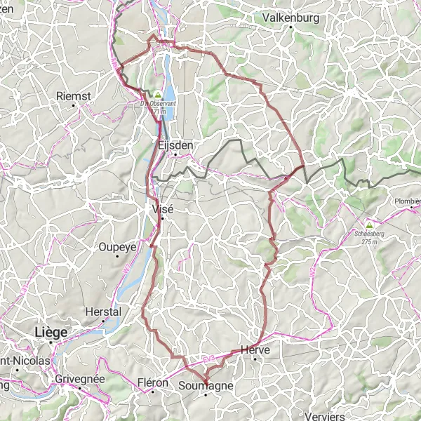 Map miniature of "Soumagne - Terril du Bas-Bois - Hermalle-sous-Argenteau - Kanne - Cannerberg - Schilberg - Rullen - Charneux - Wergifosse - Soumagne" cycling inspiration in Prov. Liège, Belgium. Generated by Tarmacs.app cycling route planner