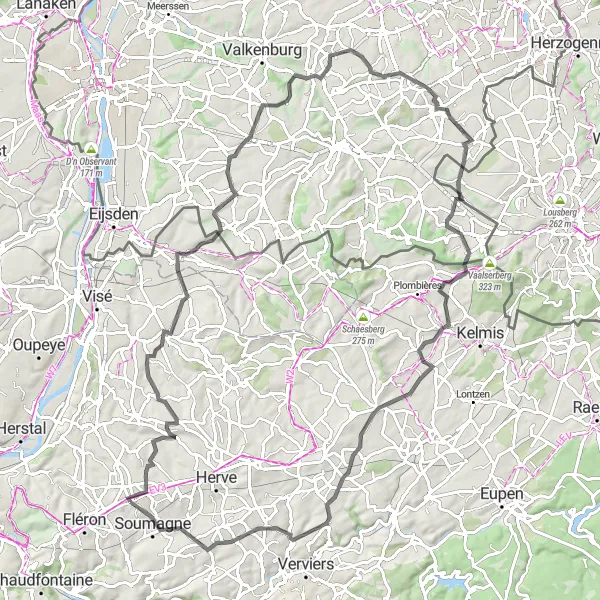 Map miniature of "Soumagne - Micheroux 2 - Bolland - Bruisterbosch - Lubosch - Hulsveld - Gemmenich - Petit-Rechain - Soumagne" cycling inspiration in Prov. Liège, Belgium. Generated by Tarmacs.app cycling route planner
