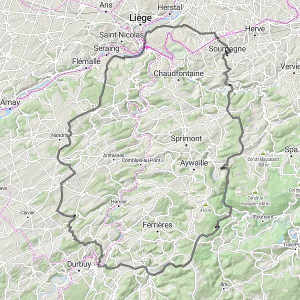 Miniature de la carte de l'inspiration cycliste "Épopée cycliste jusqu'à Queue-du-Bois" dans la Prov. Liège, Belgium. Générée par le planificateur d'itinéraire cycliste Tarmacs.app