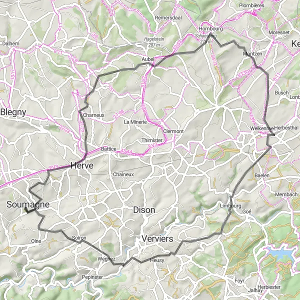 Karten-Miniaturansicht der Radinspiration "62 km lange Road Bike Tour durch malerische Landschaften" in Prov. Liège, Belgium. Erstellt vom Tarmacs.app-Routenplaner für Radtouren