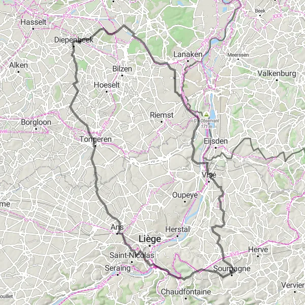 Karten-Miniaturansicht der Radinspiration "Road Bike Tour - 114 km durch landschaftlich reizvolle Gegenden" in Prov. Liège, Belgium. Erstellt vom Tarmacs.app-Routenplaner für Radtouren