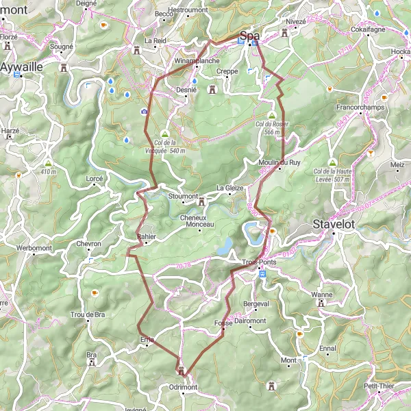 Map miniature of "Gravel Ride: Spa - Cascade de Coo" cycling inspiration in Prov. Liège, Belgium. Generated by Tarmacs.app cycling route planner