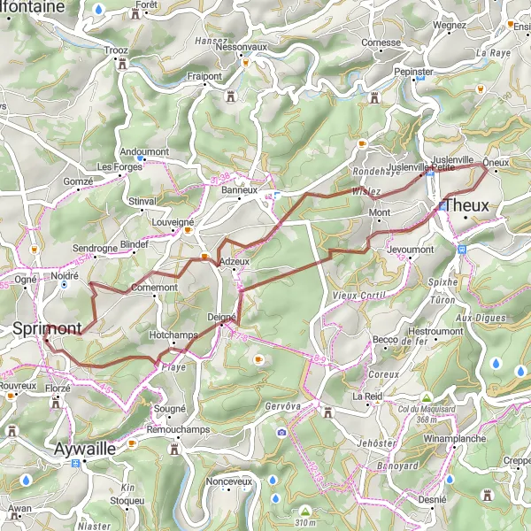 Map miniature of "Quiet Gravel Route: Sprimont to Deigné" cycling inspiration in Prov. Liège, Belgium. Generated by Tarmacs.app cycling route planner