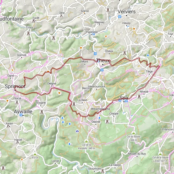 Map miniature of "Sprimont Gravel Adventure" cycling inspiration in Prov. Liège, Belgium. Generated by Tarmacs.app cycling route planner