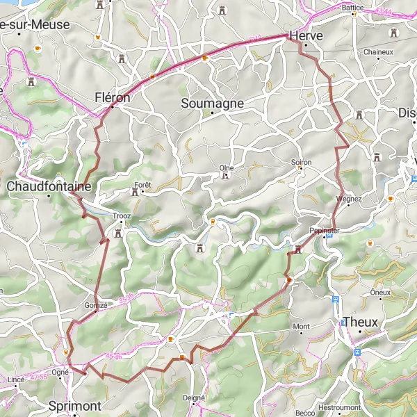 Map miniature of "Gravel Exploration near Sprimont" cycling inspiration in Prov. Liège, Belgium. Generated by Tarmacs.app cycling route planner