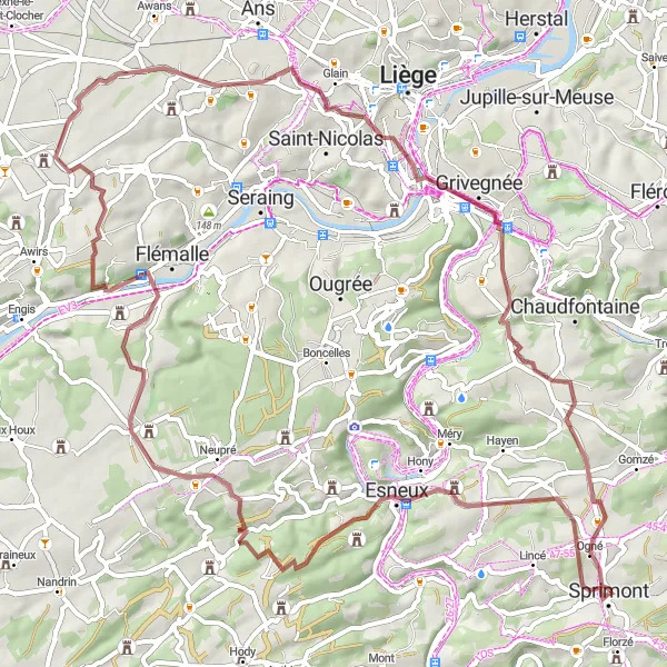 Map miniature of "Gravel Tour: Sprimont to Ogné" cycling inspiration in Prov. Liège, Belgium. Generated by Tarmacs.app cycling route planner