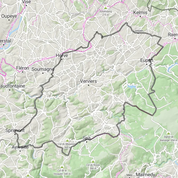 Miniature de la carte de l'inspiration cycliste "Le défi des côtes de Liège" dans la Prov. Liège, Belgium. Générée par le planificateur d'itinéraire cycliste Tarmacs.app