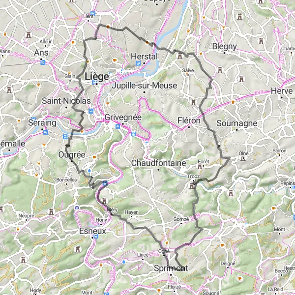 Miniature de la carte de l'inspiration cycliste "Chemin des Châteaux et Boiseries" dans la Prov. Liège, Belgium. Générée par le planificateur d'itinéraire cycliste Tarmacs.app