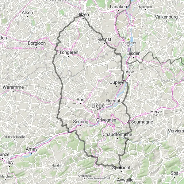 Miniature de la carte de l'inspiration cycliste "Boucle des Châteaux et Collines" dans la Prov. Liège, Belgium. Générée par le planificateur d'itinéraire cycliste Tarmacs.app