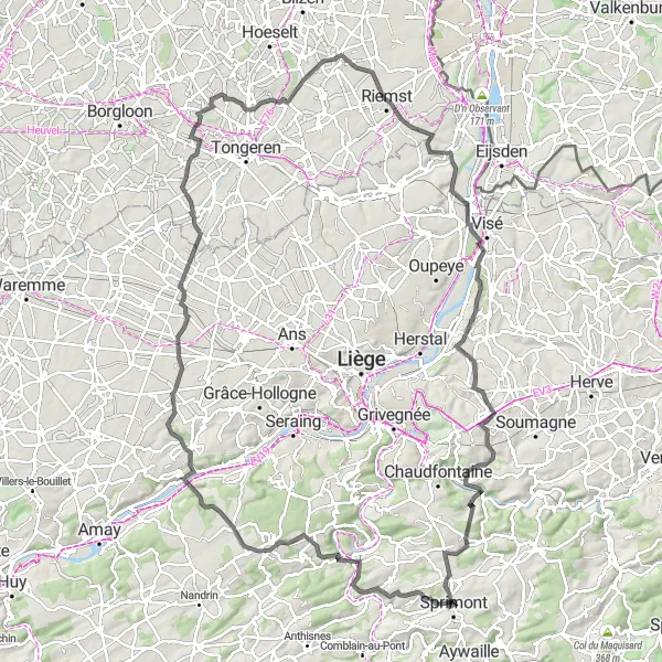 Miniature de la carte de l'inspiration cycliste "Parcours des Vallées de la Meuse" dans la Prov. Liège, Belgium. Générée par le planificateur d'itinéraire cycliste Tarmacs.app