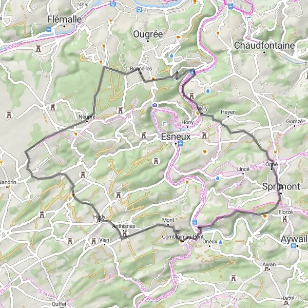 Map miniature of "Scenic Road Cycling: Sprimont to Ogné" cycling inspiration in Prov. Liège, Belgium. Generated by Tarmacs.app cycling route planner