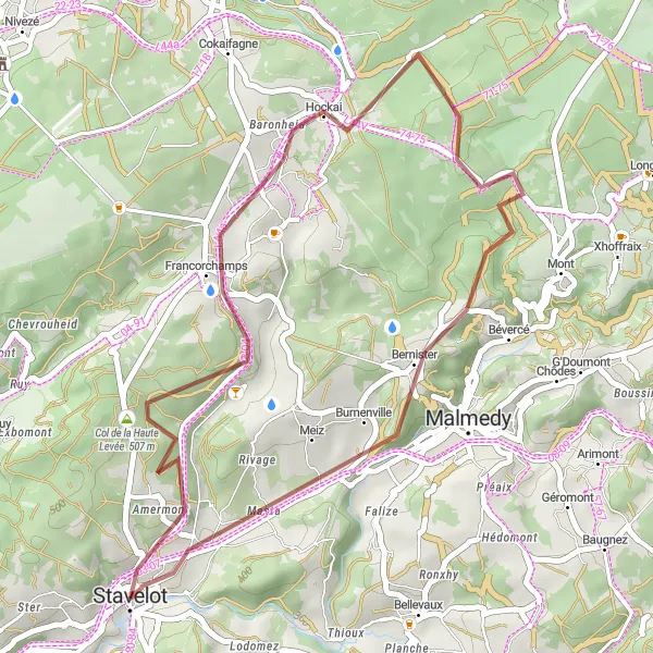 Map miniature of "Col de la Haute Levée and Francorchamps Loop" cycling inspiration in Prov. Liège, Belgium. Generated by Tarmacs.app cycling route planner