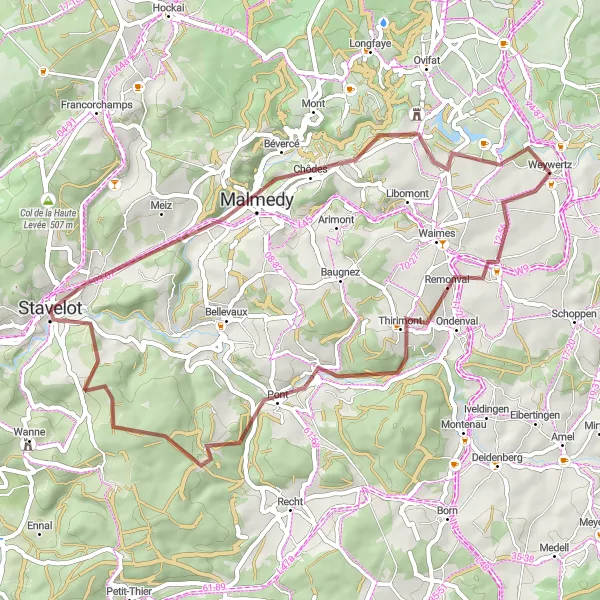 Miniatuurkaart van de fietsinspiratie "Gravelroute met kasteel en panoramisch uitzicht" in Prov. Liège, Belgium. Gemaakt door de Tarmacs.app fietsrouteplanner