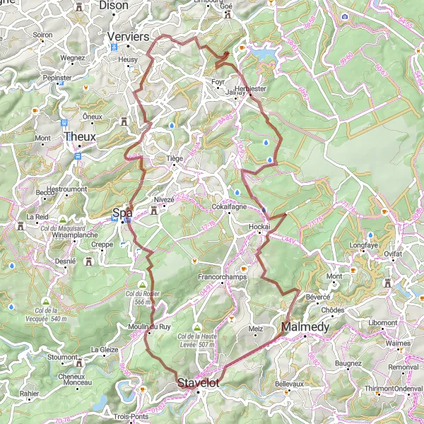 Map miniature of "Hèvremont and Rocher de Bilisse Gravel Loop" cycling inspiration in Prov. Liège, Belgium. Generated by Tarmacs.app cycling route planner