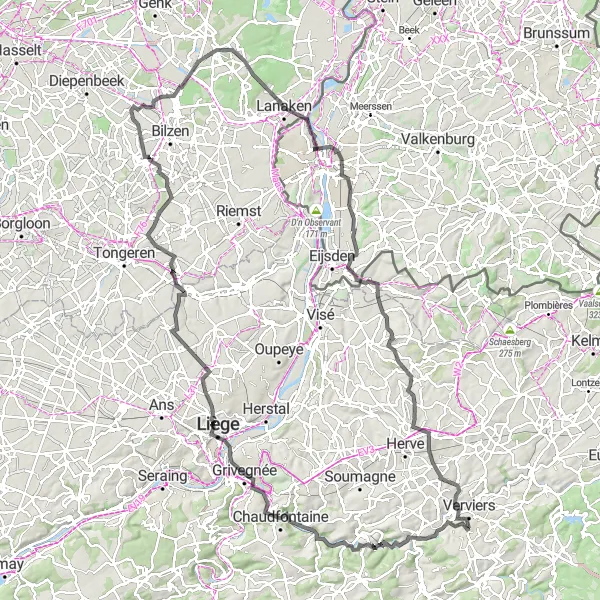 Karten-Miniaturansicht der Radinspiration "Abenteuerliche Tour durch Zutendaal und Charneux" in Prov. Liège, Belgium. Erstellt vom Tarmacs.app-Routenplaner für Radtouren
