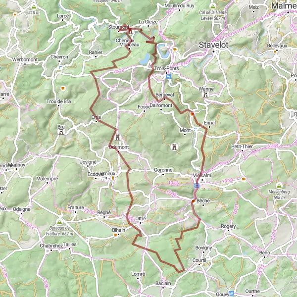 Map miniature of "Gravel Adventure through Stoumont" cycling inspiration in Prov. Liège, Belgium. Generated by Tarmacs.app cycling route planner