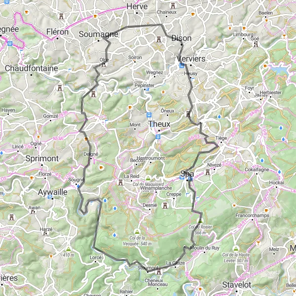 Miniature de la carte de l'inspiration cycliste "Parcours panoramique de Stoumont à Verviers" dans la Prov. Liège, Belgium. Générée par le planificateur d'itinéraire cycliste Tarmacs.app