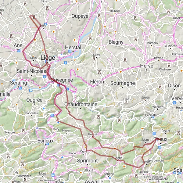 Miniature de la carte de l'inspiration cycliste "Les collines de Liège - Circuit panoramique" dans la Prov. Liège, Belgium. Générée par le planificateur d'itinéraire cycliste Tarmacs.app