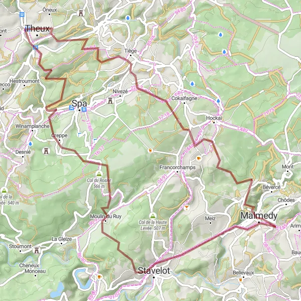 Map miniature of "Theux - Malmedy - Theux (Gravel)" cycling inspiration in Prov. Liège, Belgium. Generated by Tarmacs.app cycling route planner