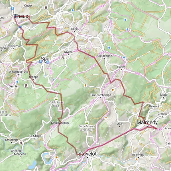 Miniatuurkaart van de fietsinspiratie "Avontuurlijke gravelfietstocht in de Ardennen" in Prov. Liège, Belgium. Gemaakt door de Tarmacs.app fietsrouteplanner