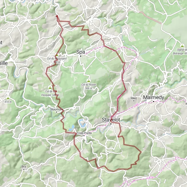 Miniature de la carte de l'inspiration cycliste "Les Collines Ardennaises" dans la Prov. Liège, Belgium. Générée par le planificateur d'itinéraire cycliste Tarmacs.app