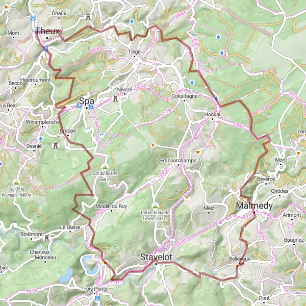 Miniature de la carte de l'inspiration cycliste "Aventure en Gravel" dans la Prov. Liège, Belgium. Générée par le planificateur d'itinéraire cycliste Tarmacs.app