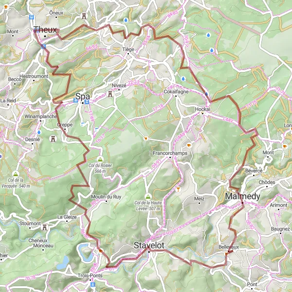 Miniatuurkaart van de fietsinspiratie "Gravelroute door de Ardennen" in Prov. Liège, Belgium. Gemaakt door de Tarmacs.app fietsrouteplanner