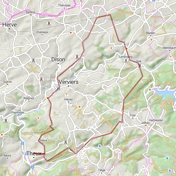 Miniatuurkaart van de fietsinspiratie "Gravelfietsroute vanuit Theux" in Prov. Liège, Belgium. Gemaakt door de Tarmacs.app fietsrouteplanner