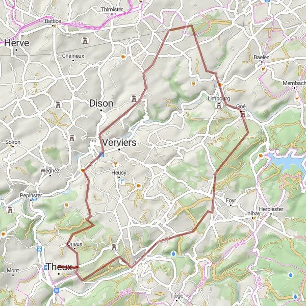 Map miniature of "Verviers and Limbourg Loop" cycling inspiration in Prov. Liège, Belgium. Generated by Tarmacs.app cycling route planner