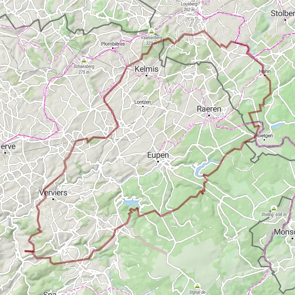 Map miniature of "Theux and Back: A Gravel Adventure" cycling inspiration in Prov. Liège, Belgium. Generated by Tarmacs.app cycling route planner