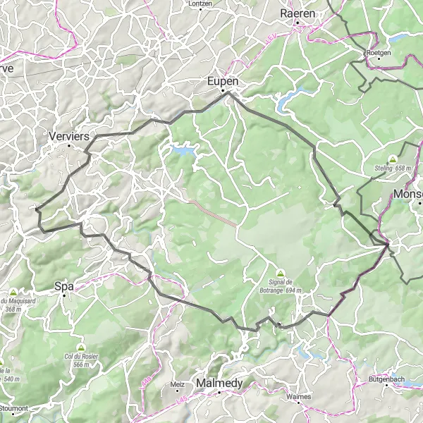 Map miniature of "Exploring the Eifel" cycling inspiration in Prov. Liège, Belgium. Generated by Tarmacs.app cycling route planner