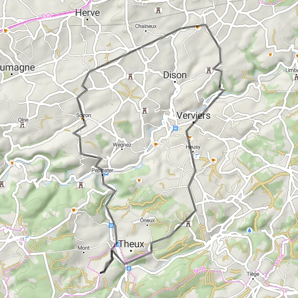 Miniatuurkaart van de fietsinspiratie "Korte rit door Luikse heuvels" in Prov. Liège, Belgium. Gemaakt door de Tarmacs.app fietsrouteplanner