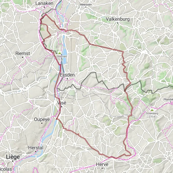 Map miniature of "Thimister to Remersdaal Gravel Bike Route" cycling inspiration in Prov. Liège, Belgium. Generated by Tarmacs.app cycling route planner