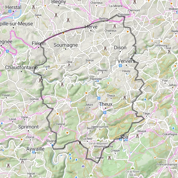 Miniatuurkaart van de fietsinspiratie "Heuvelachtige Ardennenroute" in Prov. Liège, Belgium. Gemaakt door de Tarmacs.app fietsrouteplanner