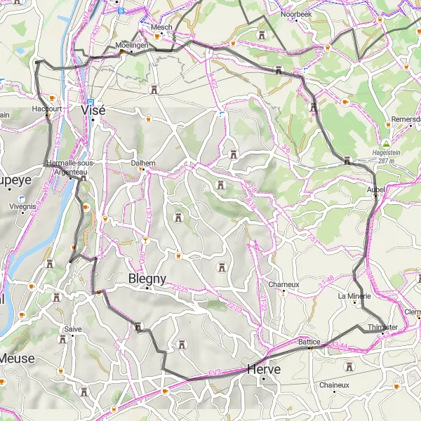 Miniatuurkaart van de fietsinspiratie "Tocht van 53 km rond Thimister" in Prov. Liège, Belgium. Gemaakt door de Tarmacs.app fietsrouteplanner