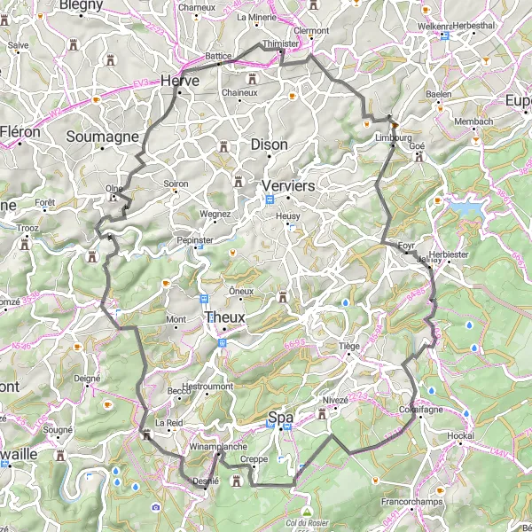 Miniature de la carte de l'inspiration cycliste "Parcours pittoresque entre les châteaux et les vallées" dans la Prov. Liège, Belgium. Générée par le planificateur d'itinéraire cycliste Tarmacs.app