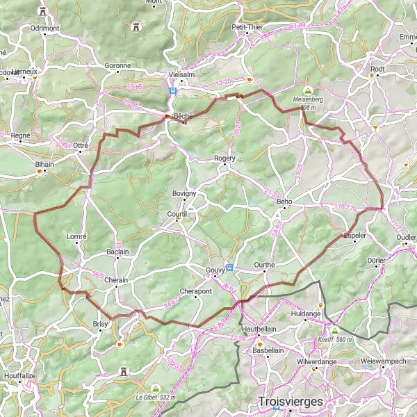 Miniatuurkaart van de fietsinspiratie "Geniet van de natuur tijdens deze fietsroute vanuit Thommen" in Prov. Liège, Belgium. Gemaakt door de Tarmacs.app fietsrouteplanner