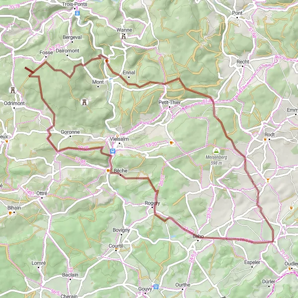 Map miniature of "Thommen Gravel Adventure" cycling inspiration in Prov. Liège, Belgium. Generated by Tarmacs.app cycling route planner