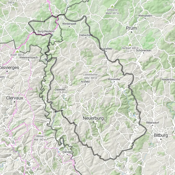 Miniature de la carte de l'inspiration cycliste "Tour des Hautes Collines Ardennaises sur Route" dans la Prov. Liège, Belgium. Générée par le planificateur d'itinéraire cycliste Tarmacs.app