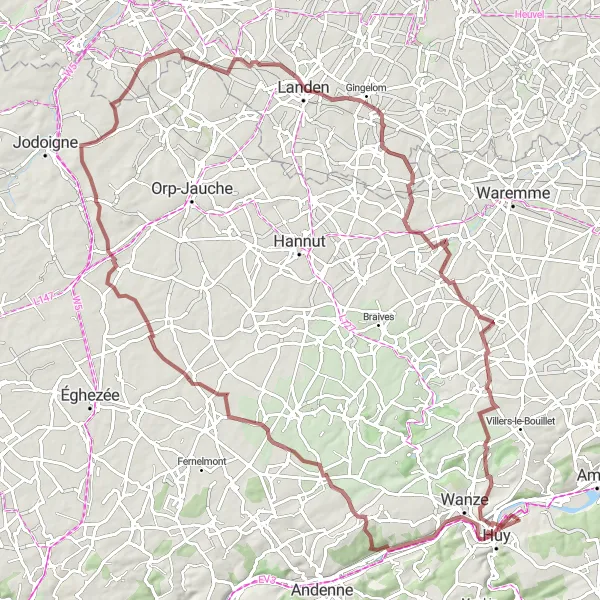 Miniature de la carte de l'inspiration cycliste "Parcours des Châteaux et Ruines Médiévales" dans la Prov. Liège, Belgium. Générée par le planificateur d'itinéraire cycliste Tarmacs.app