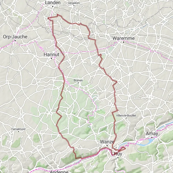 Map miniature of "Gravel Adventure to Les Waleffes" cycling inspiration in Prov. Liège, Belgium. Generated by Tarmacs.app cycling route planner