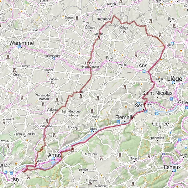 Map miniature of "The Hidden Gems Gravel Loop" cycling inspiration in Prov. Liège, Belgium. Generated by Tarmacs.app cycling route planner