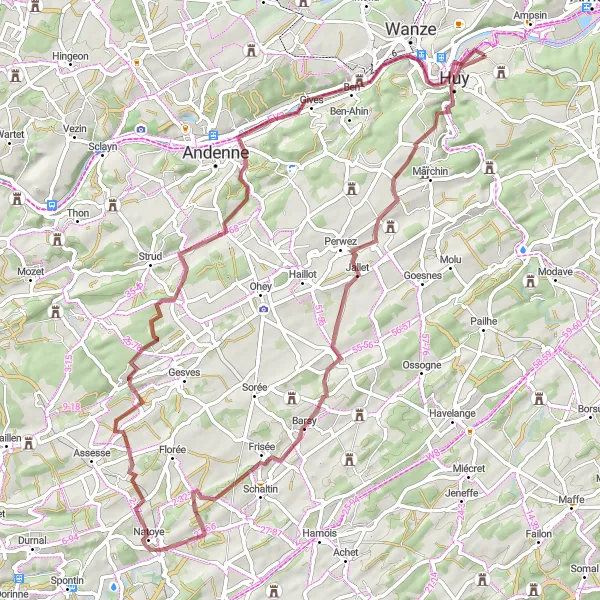 Miniatuurkaart van de fietsinspiratie "Gravelroute vanuit Tihange naar de Ruïnes van Beaufort" in Prov. Liège, Belgium. Gemaakt door de Tarmacs.app fietsrouteplanner