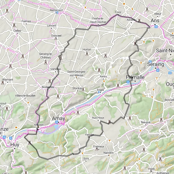 Map miniature of "Hidden Gems of Mons-lez-Liège" cycling inspiration in Prov. Liège, Belgium. Generated by Tarmacs.app cycling route planner