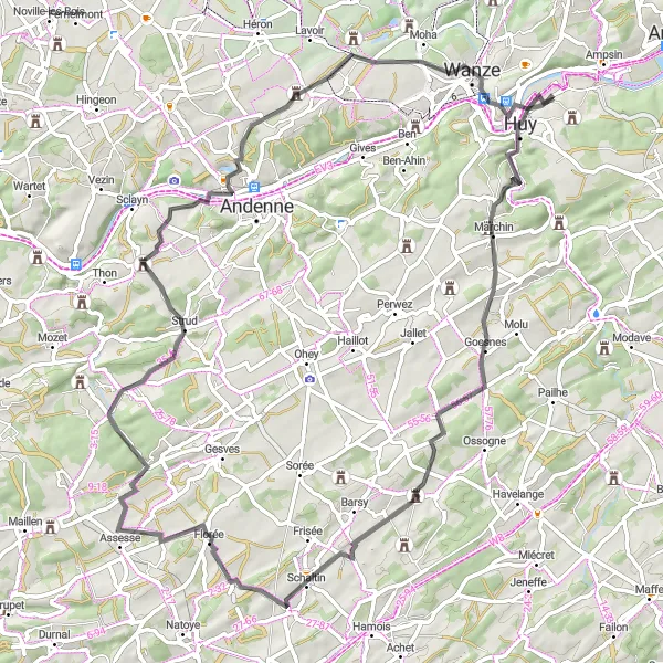Karten-Miniaturansicht der Radinspiration "Rund um Tihange und Marchin" in Prov. Liège, Belgium. Erstellt vom Tarmacs.app-Routenplaner für Radtouren