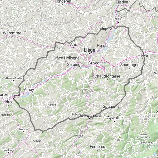 Map miniature of "The Ardennes Adventure" cycling inspiration in Prov. Liège, Belgium. Generated by Tarmacs.app cycling route planner