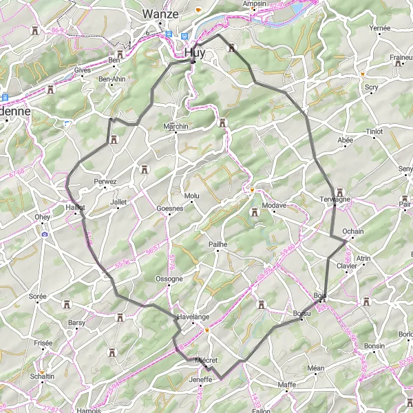 Map miniature of "Scenic Journey to Huy" cycling inspiration in Prov. Liège, Belgium. Generated by Tarmacs.app cycling route planner
