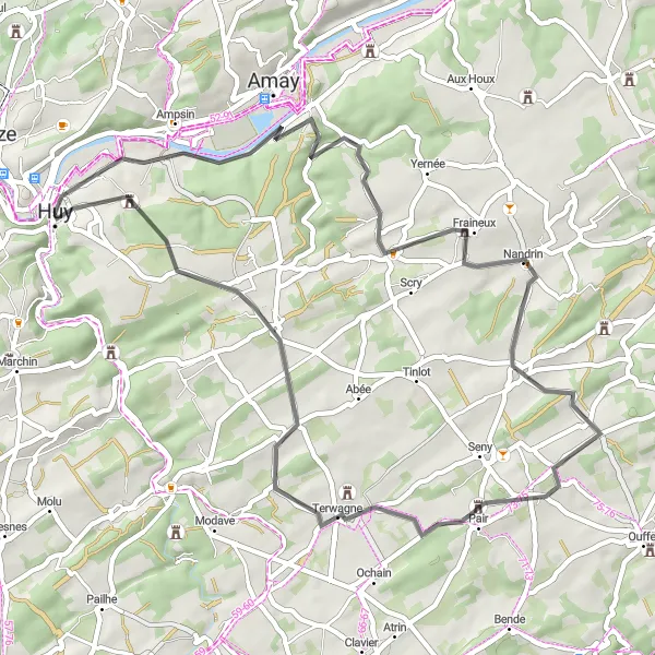 Miniatuurkaart van de fietsinspiratie "Fietsroute vanuit Tihange naar Château de Bonne-Espérance" in Prov. Liège, Belgium. Gemaakt door de Tarmacs.app fietsrouteplanner